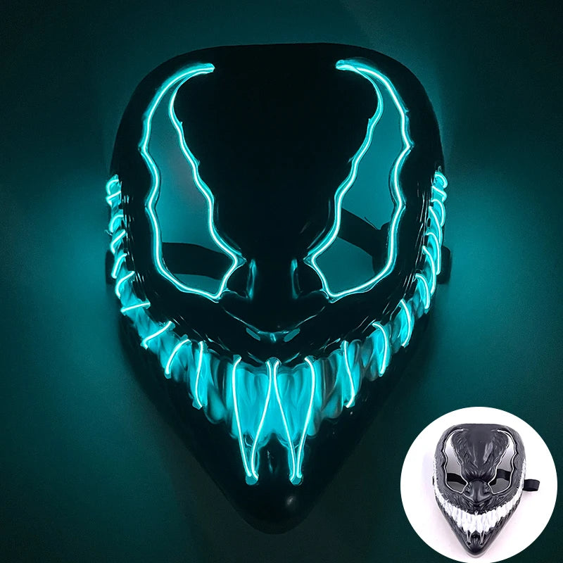 Wireless LED Neon Purge Mask & Fiber Optic Gloves, Scary Glow In Dark Mask for Halloween Carnival Cosplay Bar Birthday Party