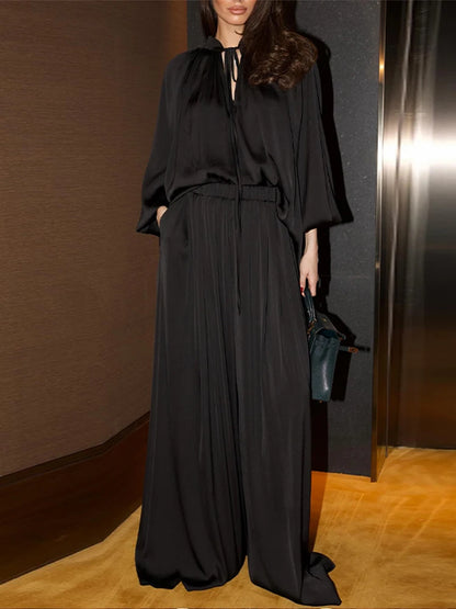 Satin Two-Piece Set Tie-Neck Balloon Sleeve Top Wide Leg Pant 2026 Spring Fashion Minimalist Loungewear Office Women Outfits