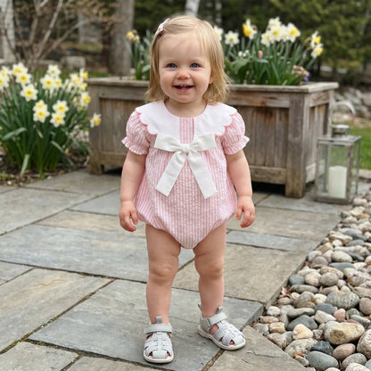 0-18M Newborn Baby Girl Summer Striped Romper Contrast Scalloped Edge Doll Collar Short Sleeve Bodysuit with Front Bow
