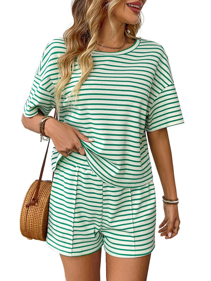 Summer Women's Suit Shorts Cotton Crop Top Short Pants High Waist Pleated Front Green White Striped Casual Shorts