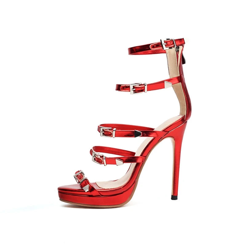 Girseaby Sexy Women Sandals Buckles Open Toe 12cm Stiletto High Heels Green Purple Gold Silver Big Size 46 48 50 52 US14 US17