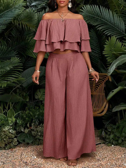 Women's Off Shoulder Ruffle Crop Top Matching Wide Leg Pants Outfit For Vacation Daily Casual Outdoor Travel Occasions