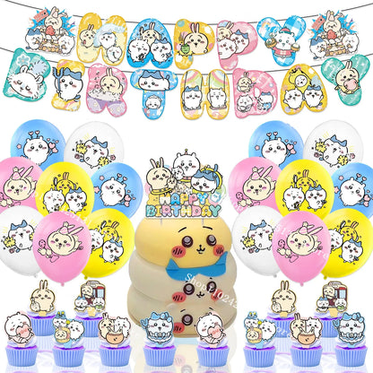 Chiikawa kawaii Happy Birthday Party Decorations Cute plate Banner Cake Topper Flag Balloons Disposable tableware Decorations