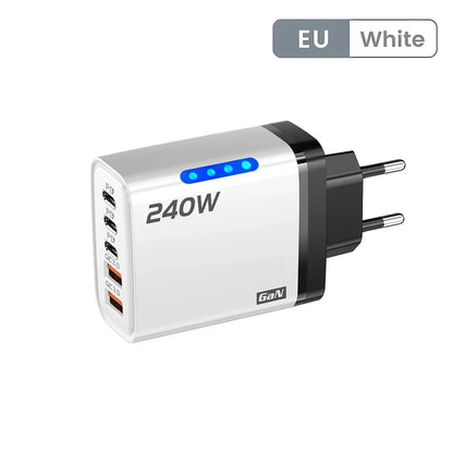 240W 5 in 1 USB C GaN Desktop Charger Fast Charge Phone Adapter 10A Type C Cable For iPhone Samsung Xiaomi EU/US/UK Plug Charger