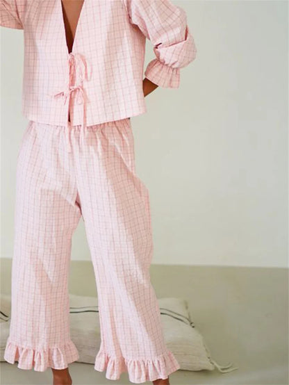 Women's Two Piece Outfits Set Long Sleeve Tie Front Top and Ruffled Wide Leg Pants Y2k Peplum Pajama Sets Homesuits