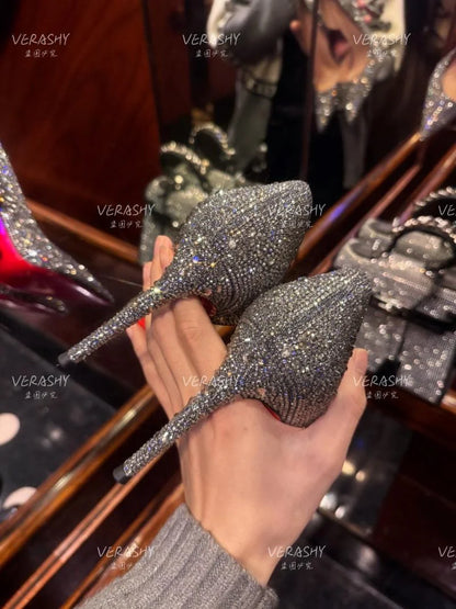 Red Sole Shoes High Heels Wedding Women Shoes Diamond Pumps  Heel 10cm Crystal Shoes Rhinestone Pointed Toe Glitter Party Heels
