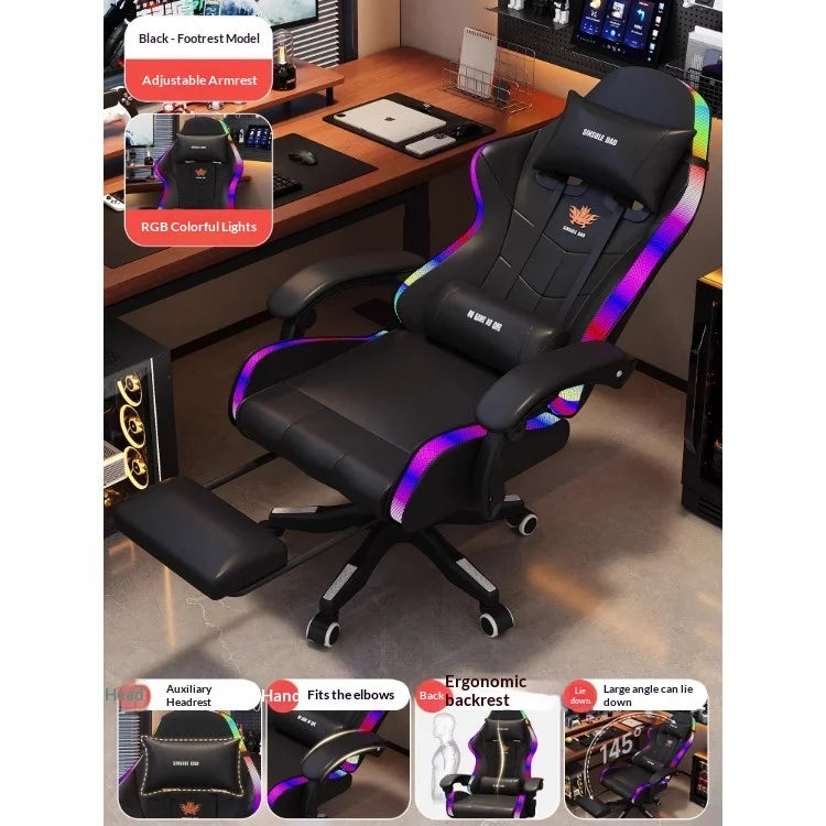 Gaming Chair Ergonomic LED Light Recliner Computer Office Chair Adjustable Lumbar Headrest Armrest Home Bedroom Gamer Chair