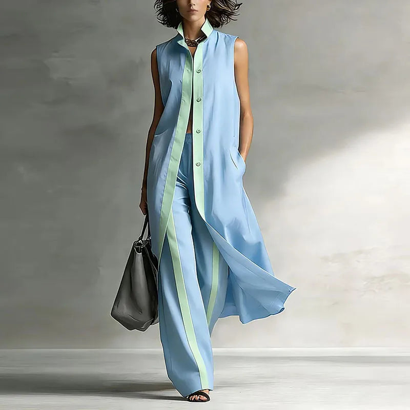 Spring Contrast Sleeveless Vest Suit Woman 2 Pieces Elegant Shirt Collar Button Long Top Wide Leg Pants Sets Summer Outfit Mujer