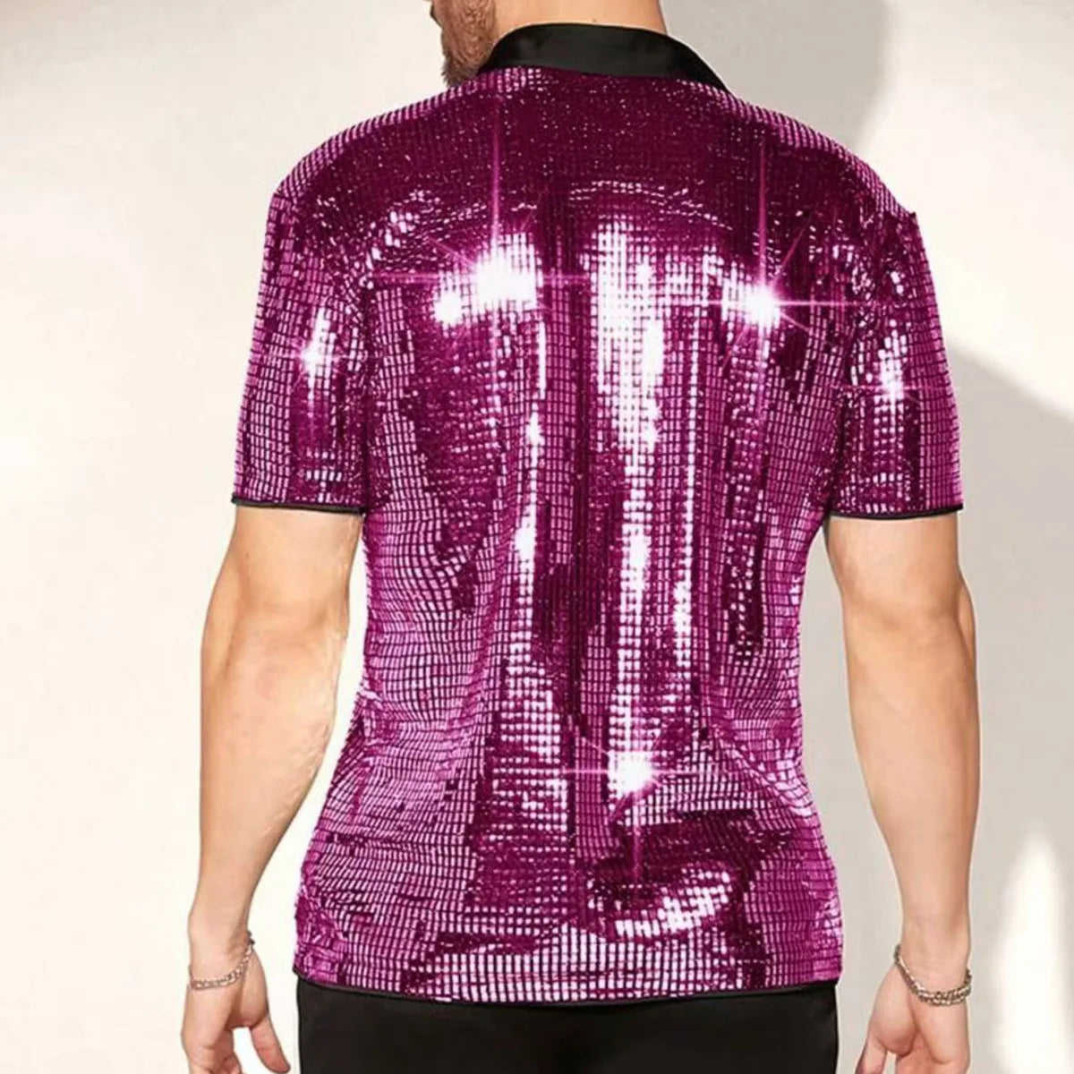 New Arrival Stylish Breathable Sequin Short Sleeve Shirt, Men's Stage Performance Top