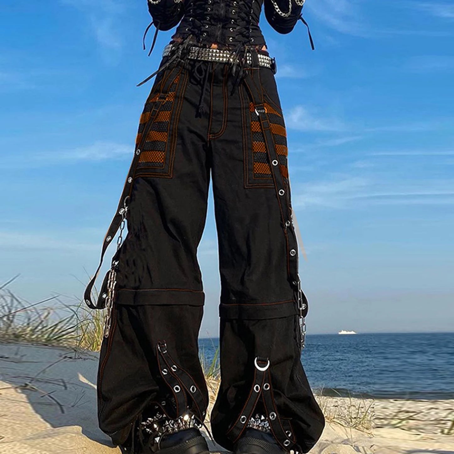 Women Fall Winter Cargo Jeans Striped Zipper Button Closure Loose Casual Trousers Streetwear with Pockets
