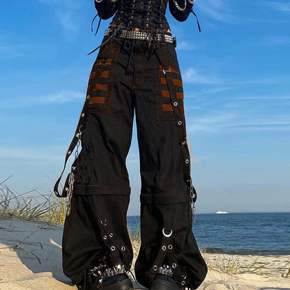 Women Fall Winter Cargo Jeans Striped Zipper Button Closure Loose Casual Trousers Streetwear with Pockets