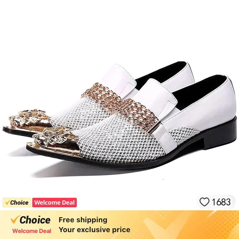 Fashion Gentleman Dressing Shoes Metal Pointed Toe Patchwork Crystal Designer Wedding Party Brand Customized Shoes Men Plus Size