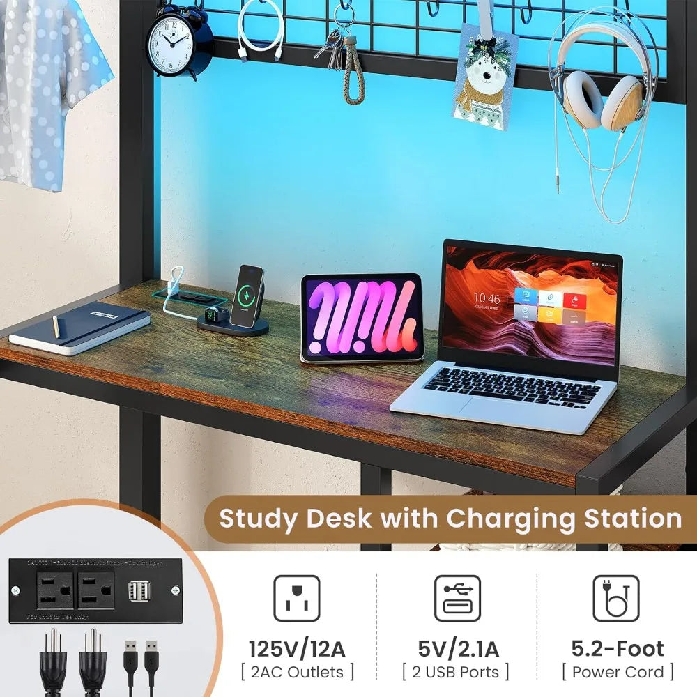 Twin Over Twin Bunk Bed,Built-in Desk & Charging Station & LED Lights with Storage Drawers,Bedroom Furniture, Custom