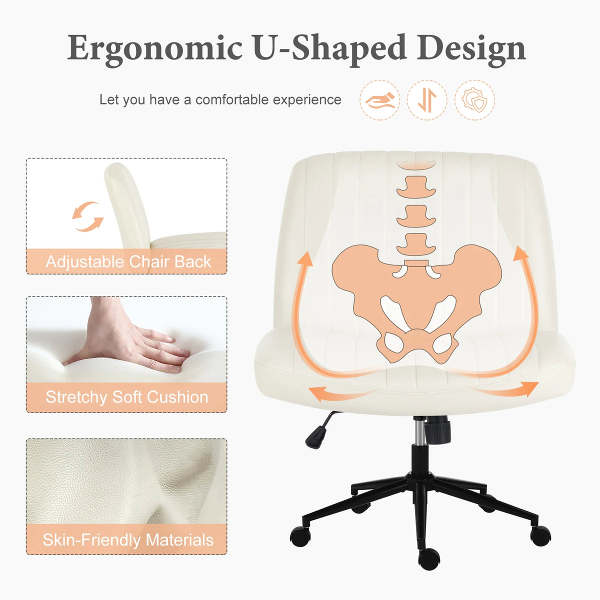 Armless Office Chair | Adjustable Swivel Seat with Casters or Foot Pads | Home, Work & Study