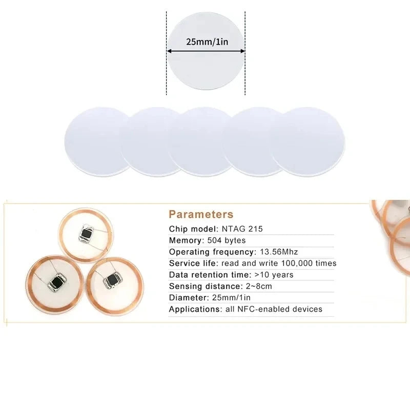 10/50pcs NFC Ntag215 Coin TAG Key 13.56MHz NTAG 215 Card Universal Label  Ultralight Tags Labels 25 mm