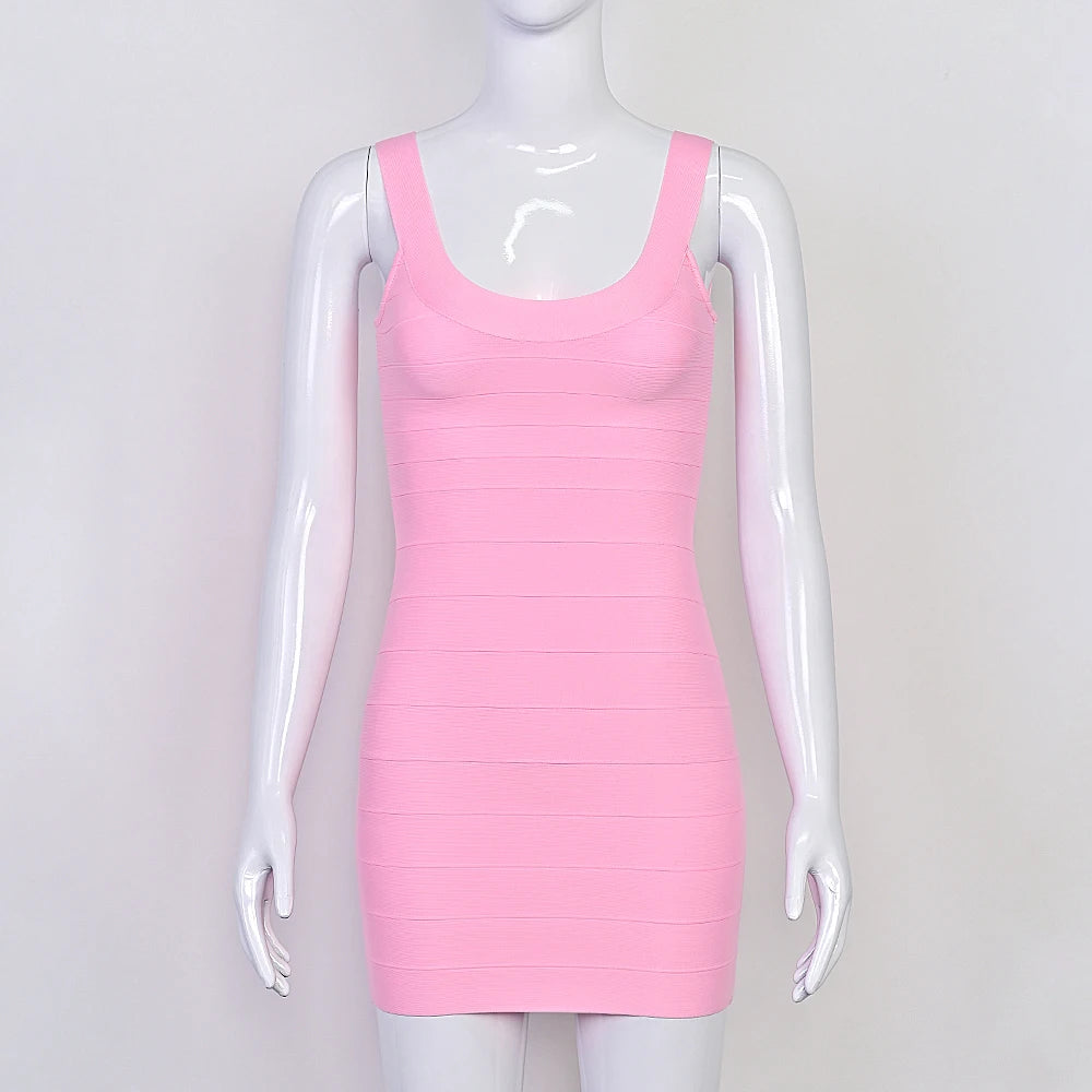BEAUKEY New Trendy Pink Ginger Bandage Mini Party Dress Women Quality Sexy Bustier Backless Bodycon Dress Club Birthday Dress