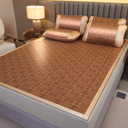Summer Cool Rattan Mat Sets Natural Plant Fiber Ice Mats with Pillowcase Foldable Non-Slip Breathable Cooling Mattress Cover