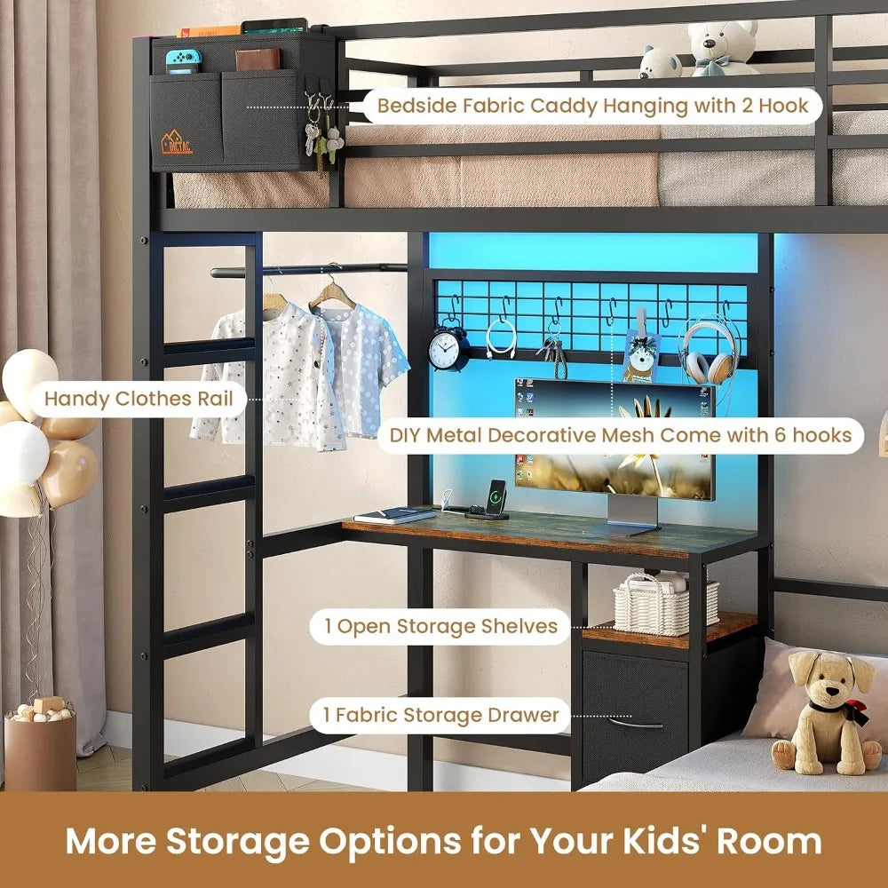 Twin Over Twin Bunk Bed,Built-in Desk & Charging Station & LED Lights with Storage Drawers,Bedroom Furniture, Custom
