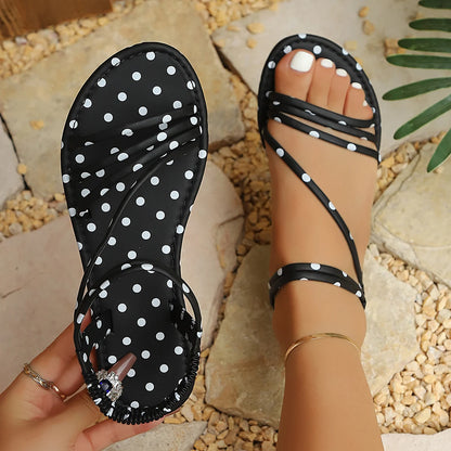 Summer Retro Dot Print Strappy Flat Sandals Ladies Elastic Back Strap Casual Sandals