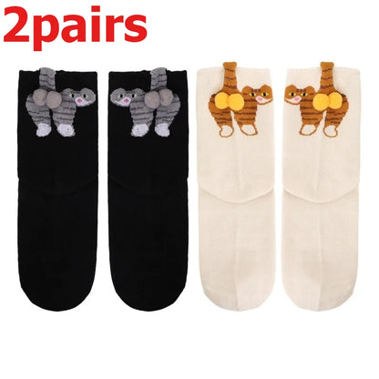 4pcs Funny Abstract 3D Cat Butt Mid-Tube Socks Cartoon Quirky Cotton Casual Socks Cat Egg Floor Sock for Cute Girls Couple Gifts