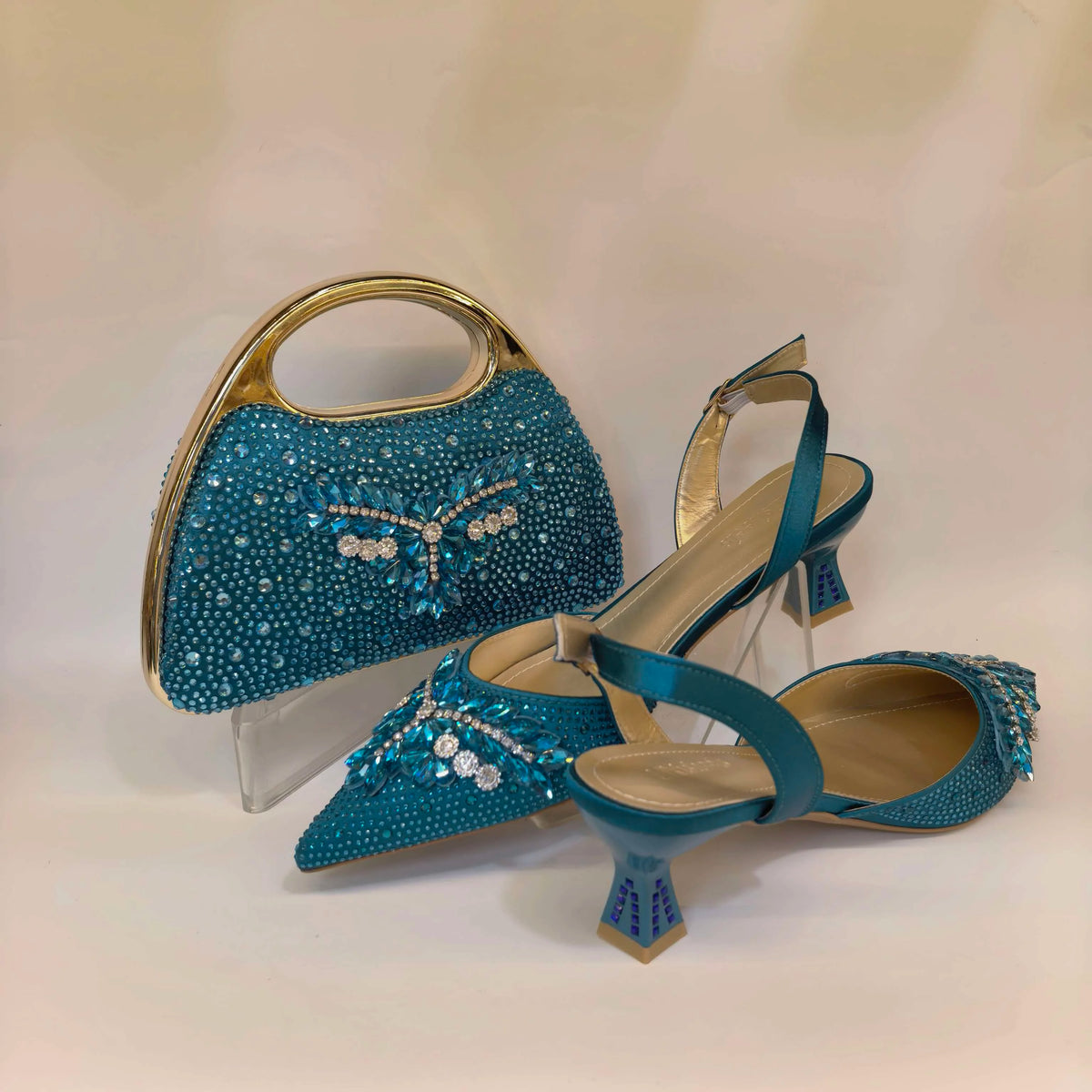 New Itlian Design Brown Color Rhinestone High Heel Shoe And Bag Fashion Style Pointed-Toe Shoes For Party Occasions