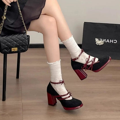 Vintage French Velvet Red Sole Heels Women Chunky High Heel Lace Up Mary Janes Retro Gothic Lolita Party Dress Shoes Elegant
