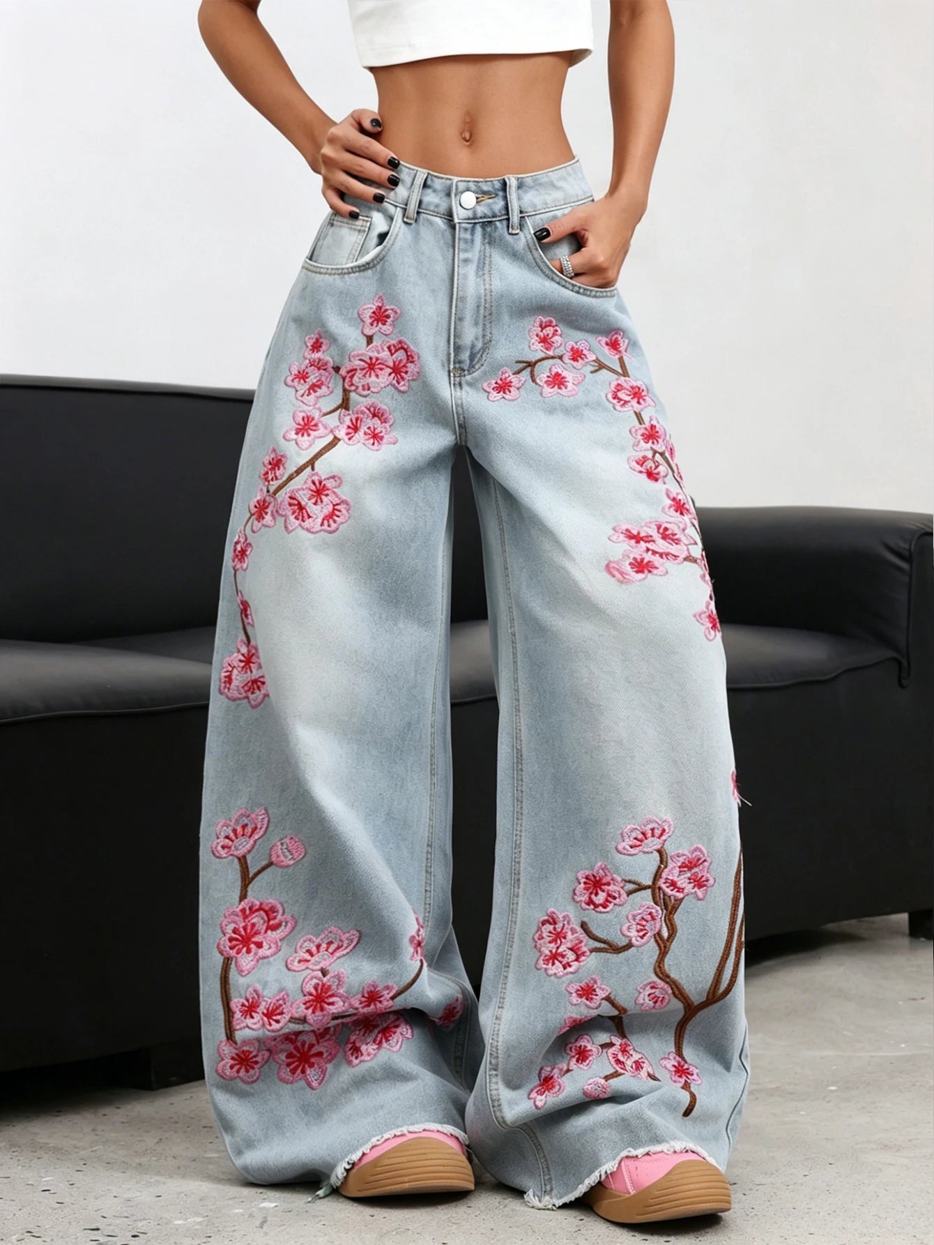American Retro Plum Blossom Embroidery Design Blue Women's Loose Wide-Leg Jeans Y2K Street Fashion Versatile Straight Trousers