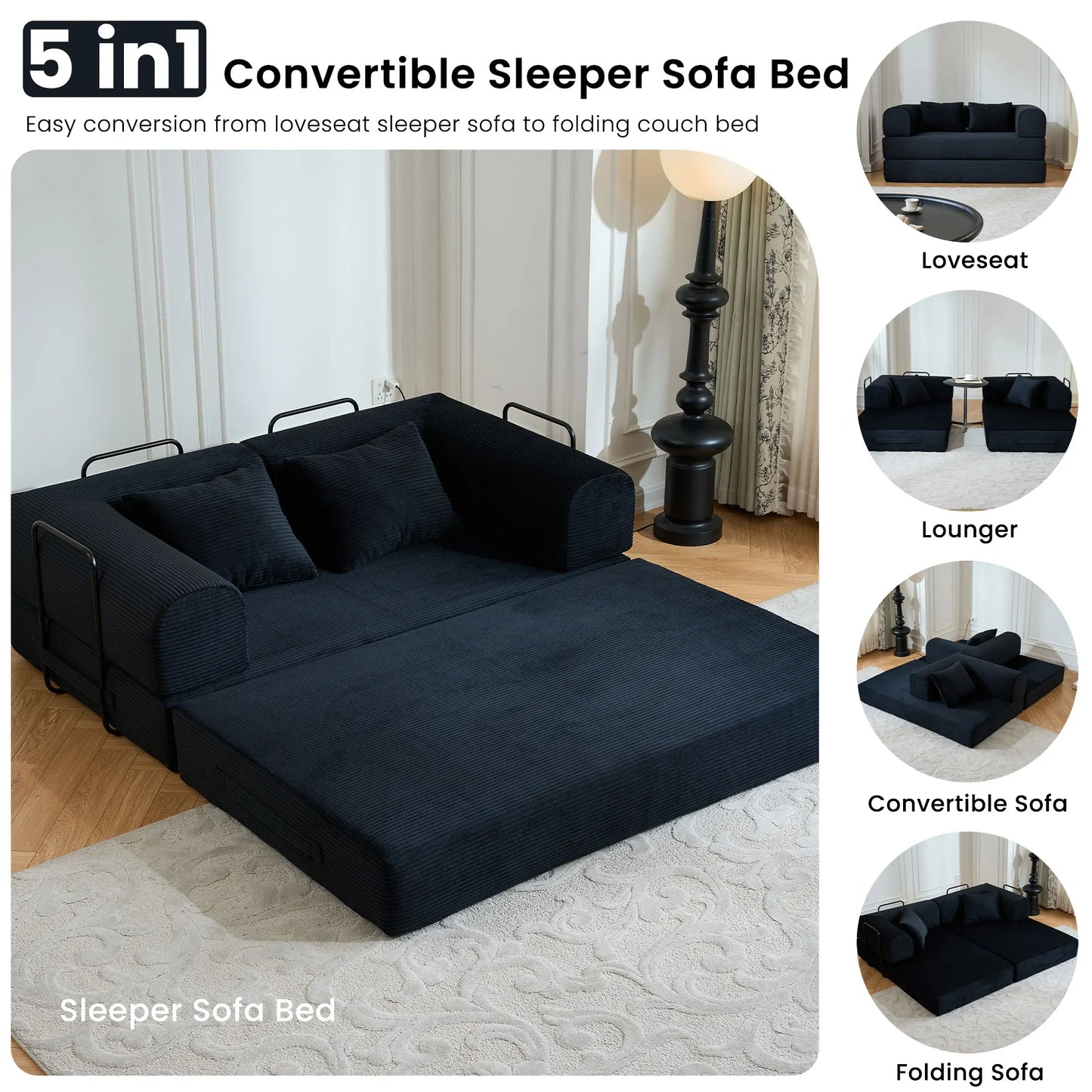 59" Boneless Folding Convertible Sofa Bed, Small 2-Seater Corduroy Futon Floor Couch with Pull Out Sleeper, No Assembly Boneless Loveseat for Living Room