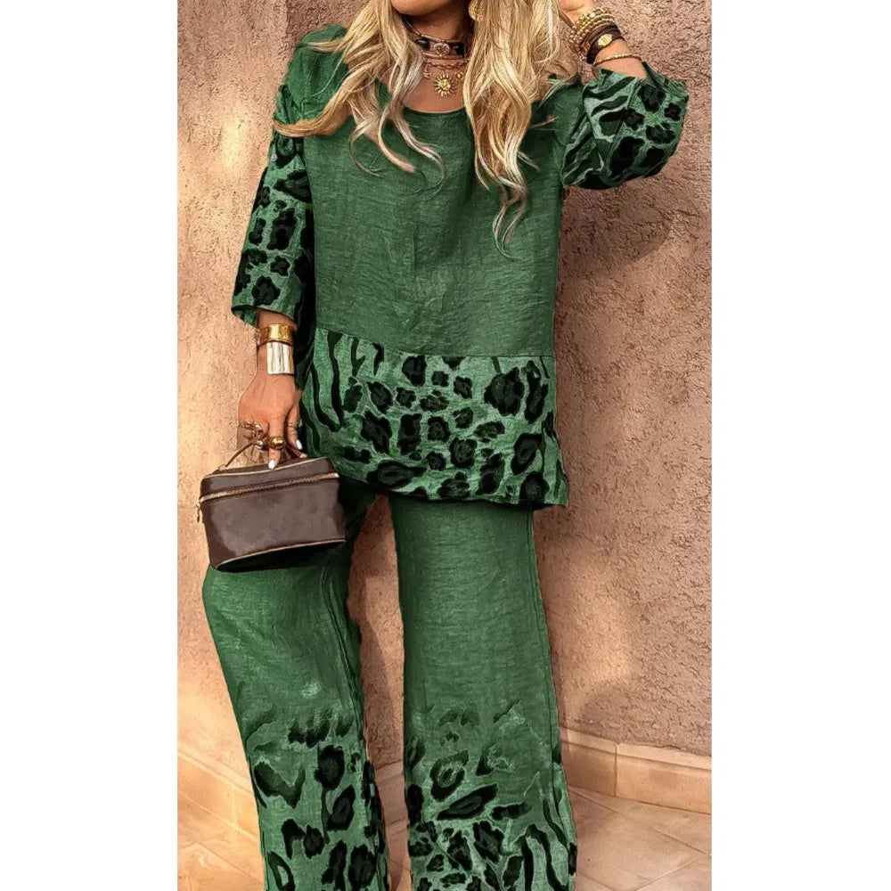 2025 New Summer Leopard Print Two Piece Set Women Fashion Casual Loose Short Sleeves Blouses Splicing Tops Wide Leg Pants Suits