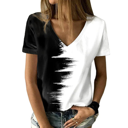 New women's V-neck T-shirt, black and white, suitable for document subscribers, 3D printing, vacation