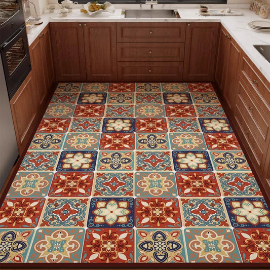 PVC Kitchen Carpet Waterproof Non-Slip Oil-proof Leather Floor Mat Large Size Rug Retro American-Style Home Decor Rugs Alfombra