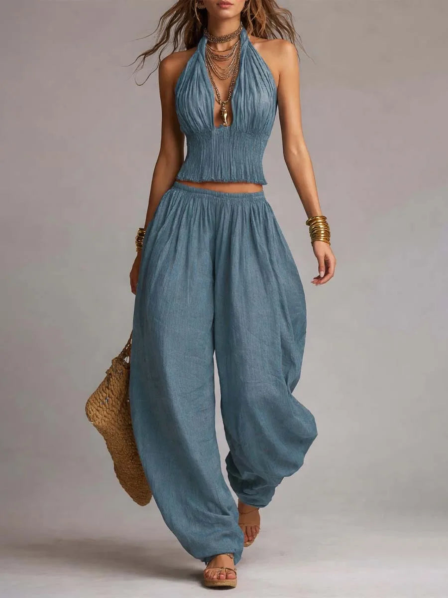 Summer Women Fold Waist 2PCS Boho Outfit Halter Neck Crop Top+Wide Leg Pants Set Casual Summer Beach Linen Matching Sets