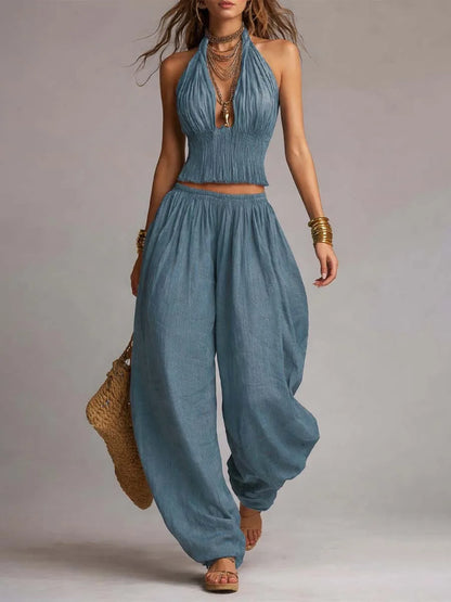Summer Women Fold Waist 2PCS Boho Outfit Halter Neck Crop Top+Wide Leg Pants Set Casual Summer Beach Linen Matching Sets