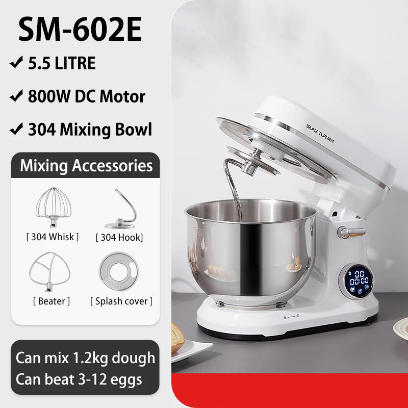 SUNATUR SM-602E DC Stand Mixer-5.5L Automatic Dough Mixer | 800W Quiet Motor | Home & Commercial Use