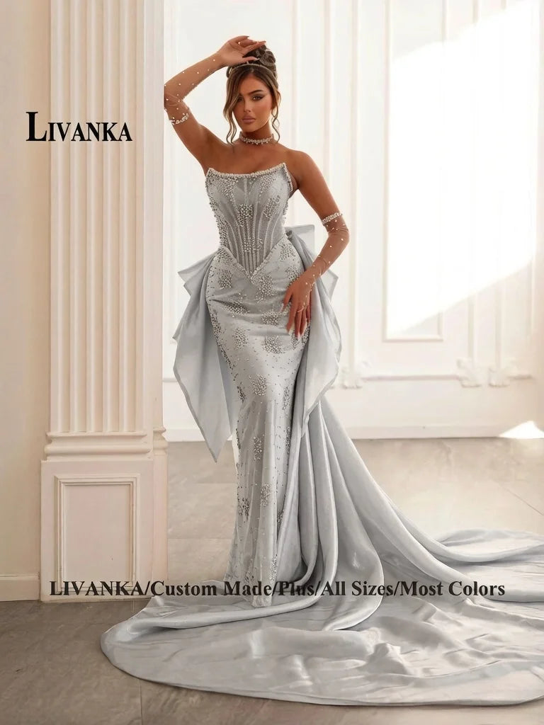 LIVANKA Exquisite Mermaid Prom Dress Rhinestones Corset Bowknot Lacing Up Strapless Royal Train Vestido De Formatura Customized