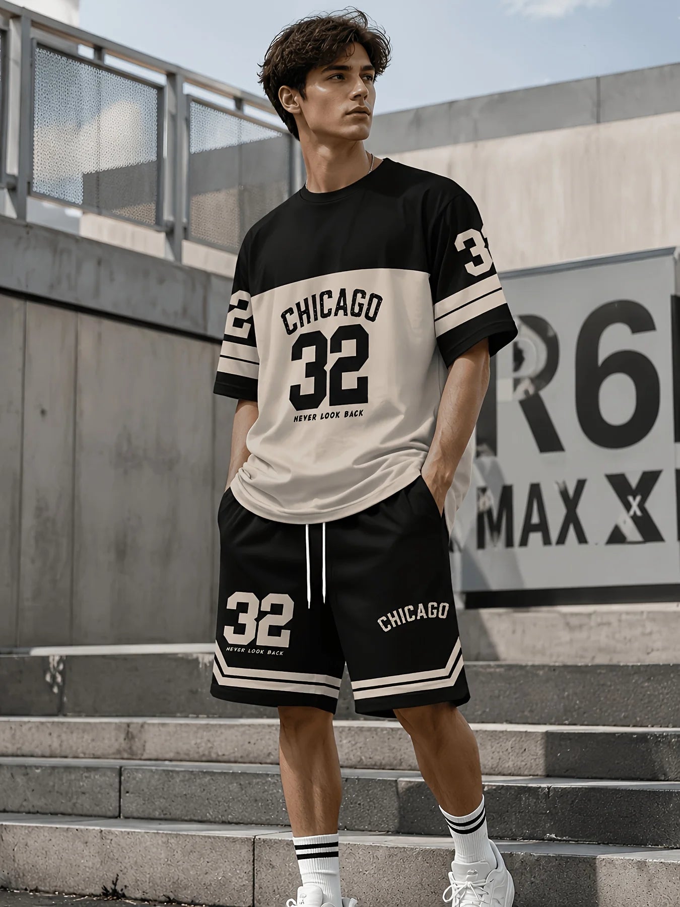 2026 Men's Tracksuit Chicago No.32 Print Short Sleeve T-shirt+Shorts Sets Outdoor Casual Suit Oversized Clothes 2 Piece Outfits