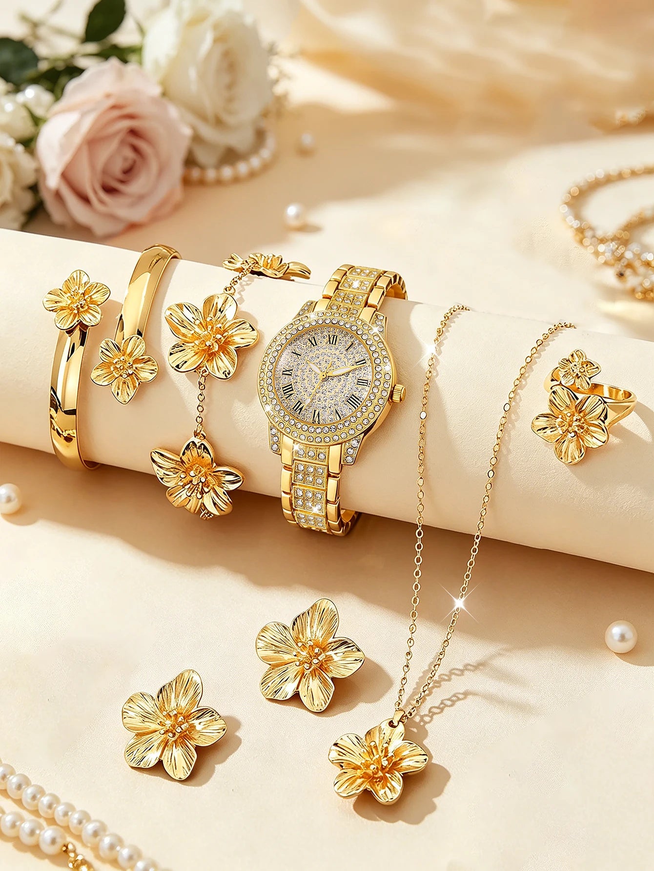 Ladies round Shell Embedded Quartz Watch Set with Floral Bracelet Necklace Ring Bracelet Earring - Festive Gift