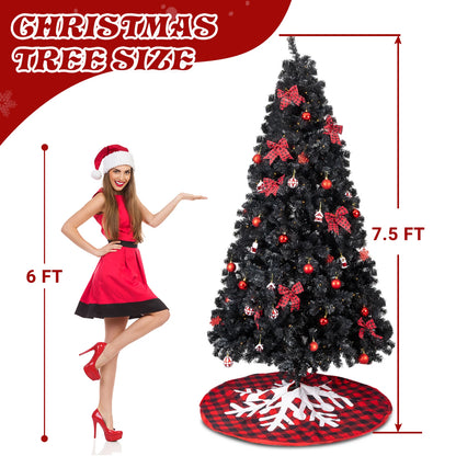 7.5FT Black Pre‑lit Artificial Christmas Tree, Hinged Xmas Tree with 350 Warm White LED Lights Remote Control, 1200 Branch Tips with Tree Skirt & Red Ornaments for Holiday Home Decor