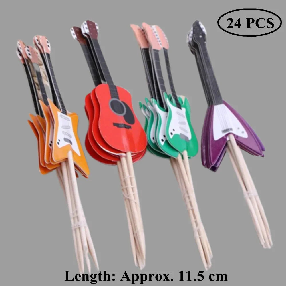 24Pcs Guitar Rock Music Theme Cake Cupcake Toppers Happy Birthday Wedding Party Baby Shower  Cake Inserts Sticks Cake Decor