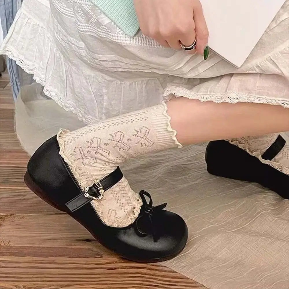 Lolita PU Leather JK Flat Shoes Bow Sweet Slip On Loafers Soft Sole Lace Ruffled Mary Jane Shoes Women