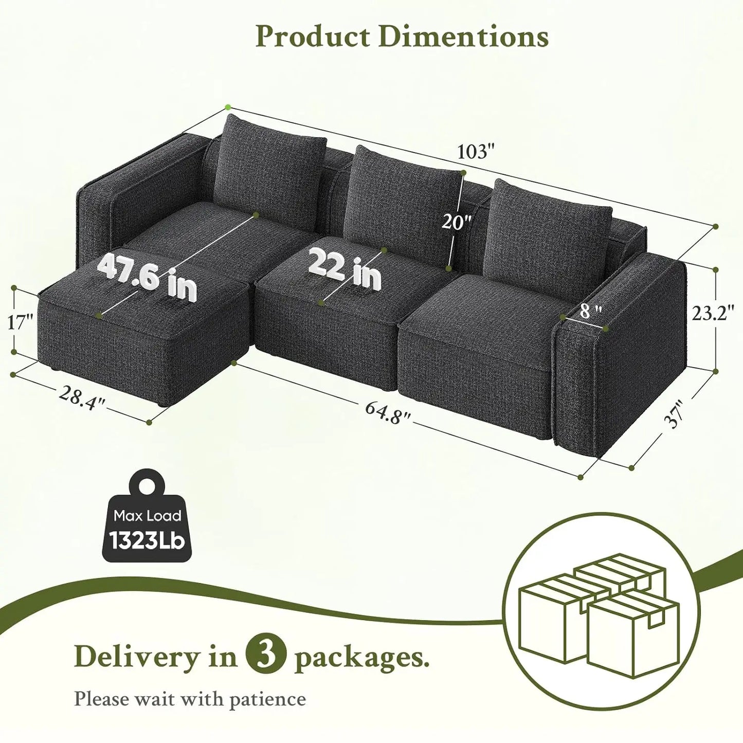 103" Sectional Couch, Locked-in Modular Sectional Sofa, Wood Frame Couches for Living Room, 22" Deep Seat L Shaped, Custom
