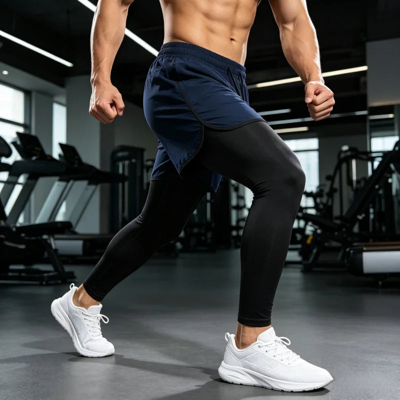Men's 2-in-1 Sports Shorts, Training Tracksuit Set, Men's Running Jogger Pants for Marathon & Basketball Training