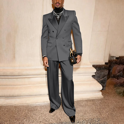 Elegant Men's Suits Classic Black Two Pieces Pant Sets Double Breasted Peaked Lapel Blazer Wedding Guest Evening Party Costume