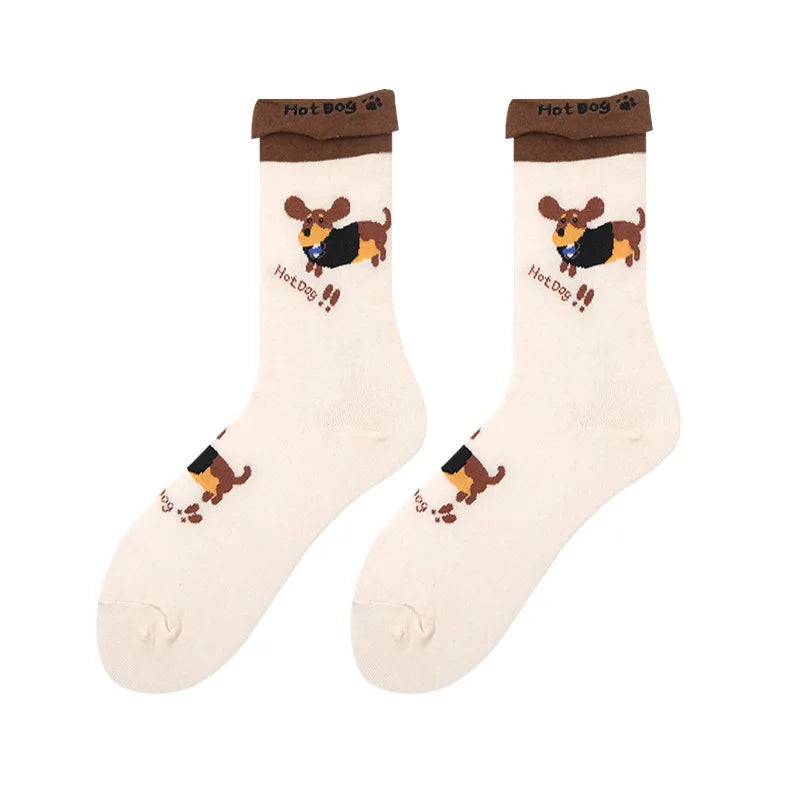 4 Pairs Women's Cartoon Dog Socks Korean Foldable Two-Wear Sweatproof Cotton Oxford Mid-Calf Socks for Fall and Spring