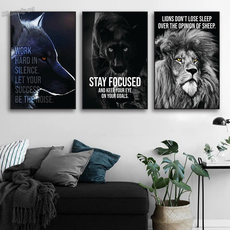Animals Motivational Posters Eagle Wolf Lion Tiger Motivation Art Canvas Paitning Success Mindset Inspirational Wall Art Decor