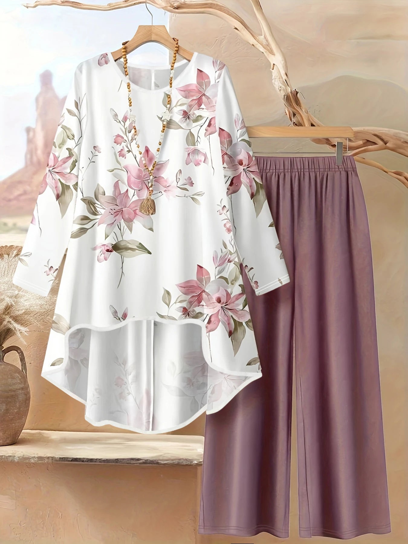 Fashionable New Women's Floral Print Casual Long-Sleeve Round-Neck Irregular Hem Top and Solid Color Pants Set - Spring/Summer Random Print Pattern Two-Piece Set