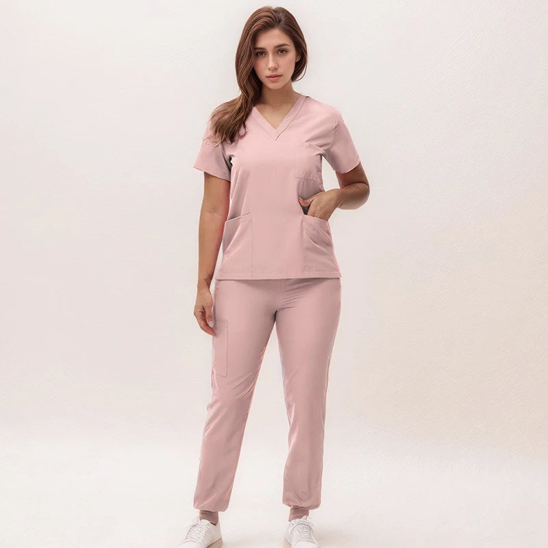Women's Nurse Scrub Set | V-Neck Top & Jogger Pants, Stretch Jersey | Medical Workwear