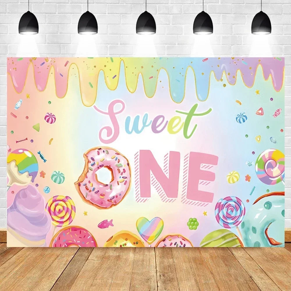 Donut Ice Cream Candy Photography Background 1st Birthday Party Decor Cake Table Banner Children Portrait Photo Studio Props