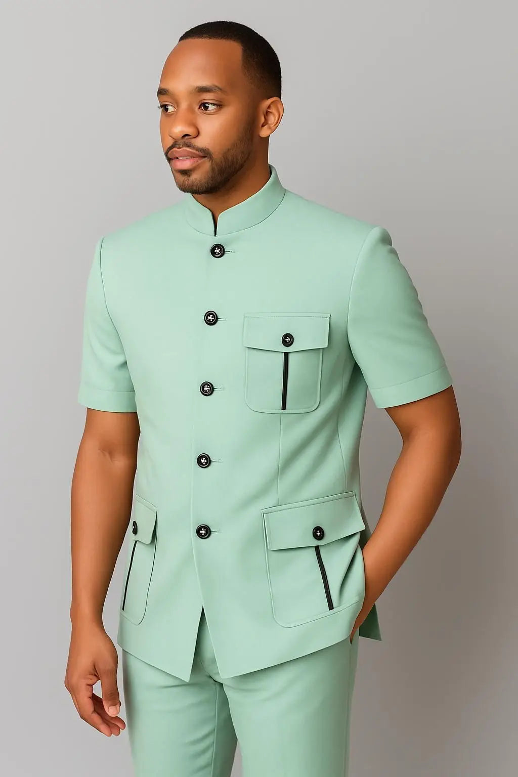 Safari Men Suits with Short Sleeves for Prom Party 2 Pieces Chinese Fashion Style Outdoors Costumes Suit Set Custom Made