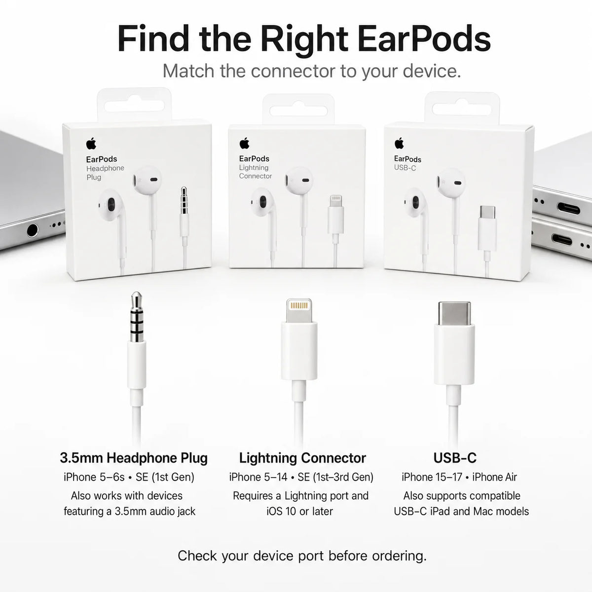 Official Apple EarPods Wired Earphones 3.5mm Lightning USB-C Connector with Mic Volume Control for iPhone iPad Mac